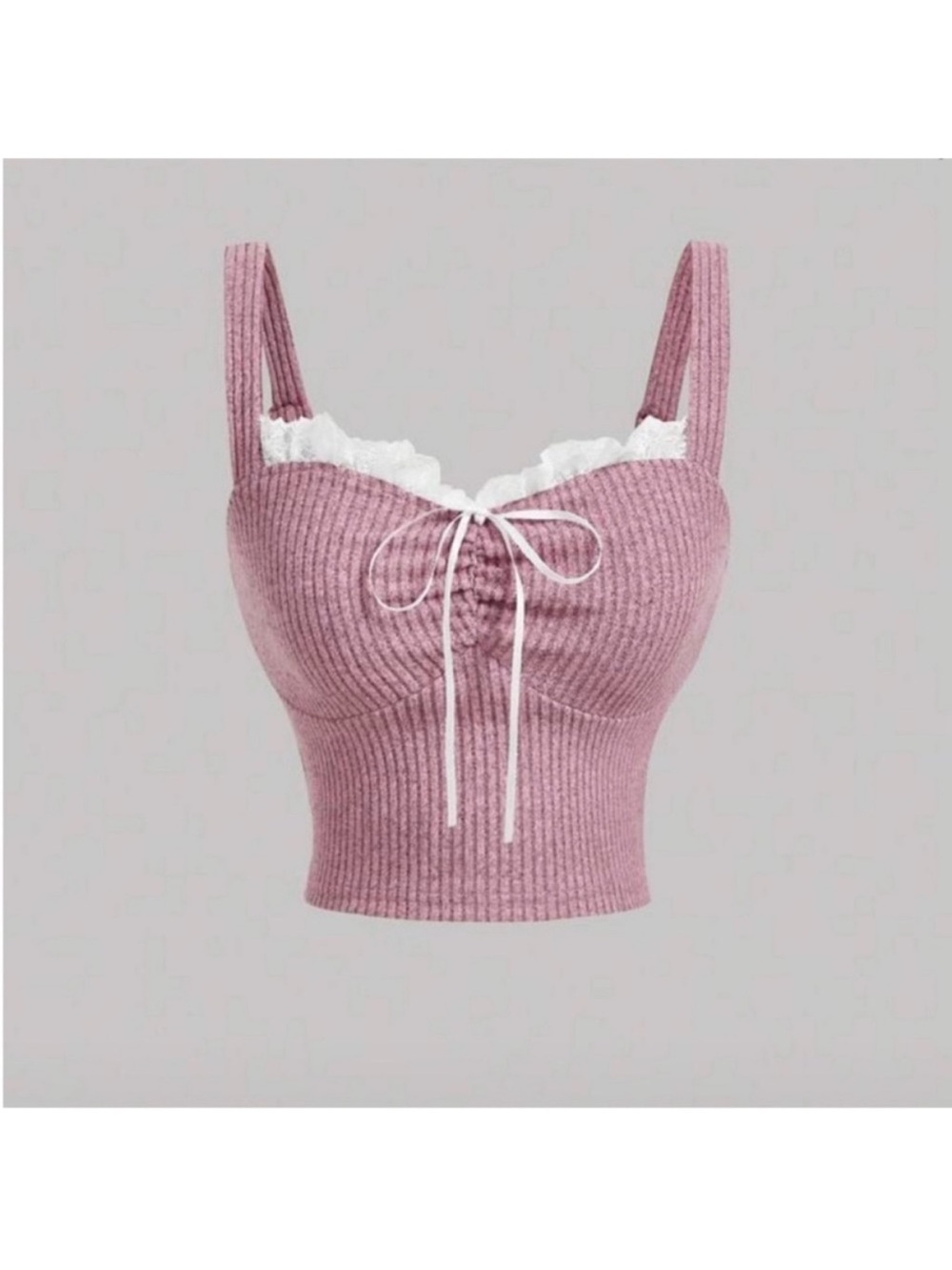 Women’s Pink Ribbed Lace-Trim Crop Tank